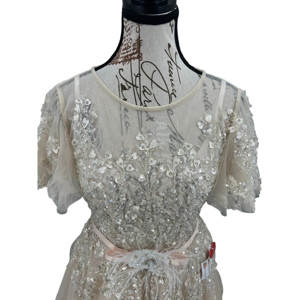 Mac Duggal 20362 Beige Embellished Flutter Sleeve Bow Waist A-Line Gown size 6 - Picture 6 of 14